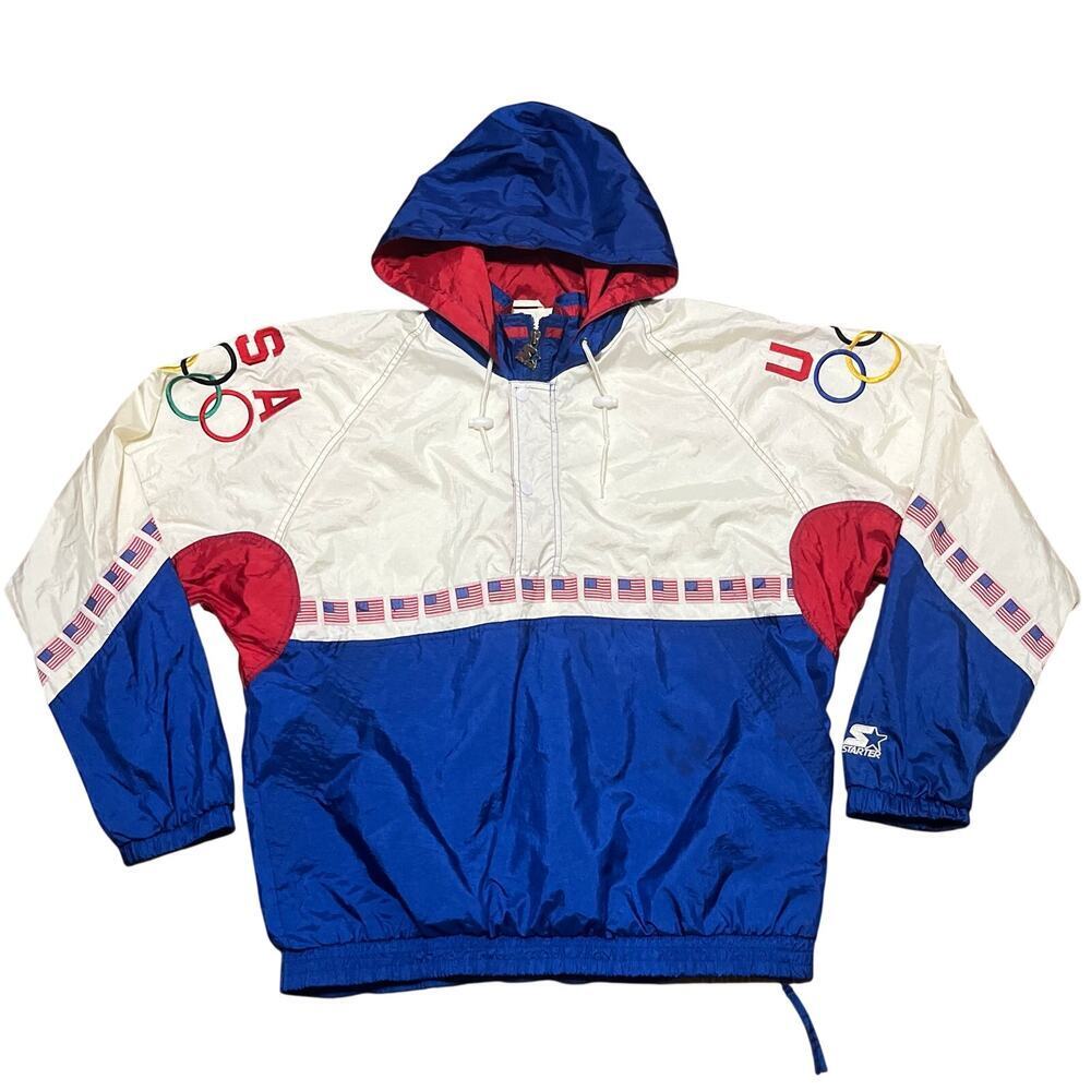 VTG 90s Starter USA Olympic Team 1/2 Zip Pullover Jacket XL Hooded Windbreaker